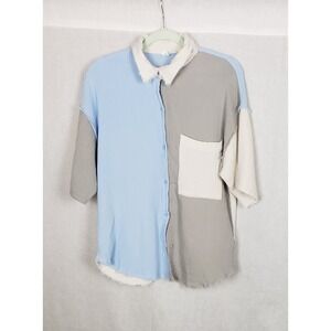 GeeGee‎ Color Block Gauze Button Up Blouse Top S Blue Gray White Raw Hem Spring